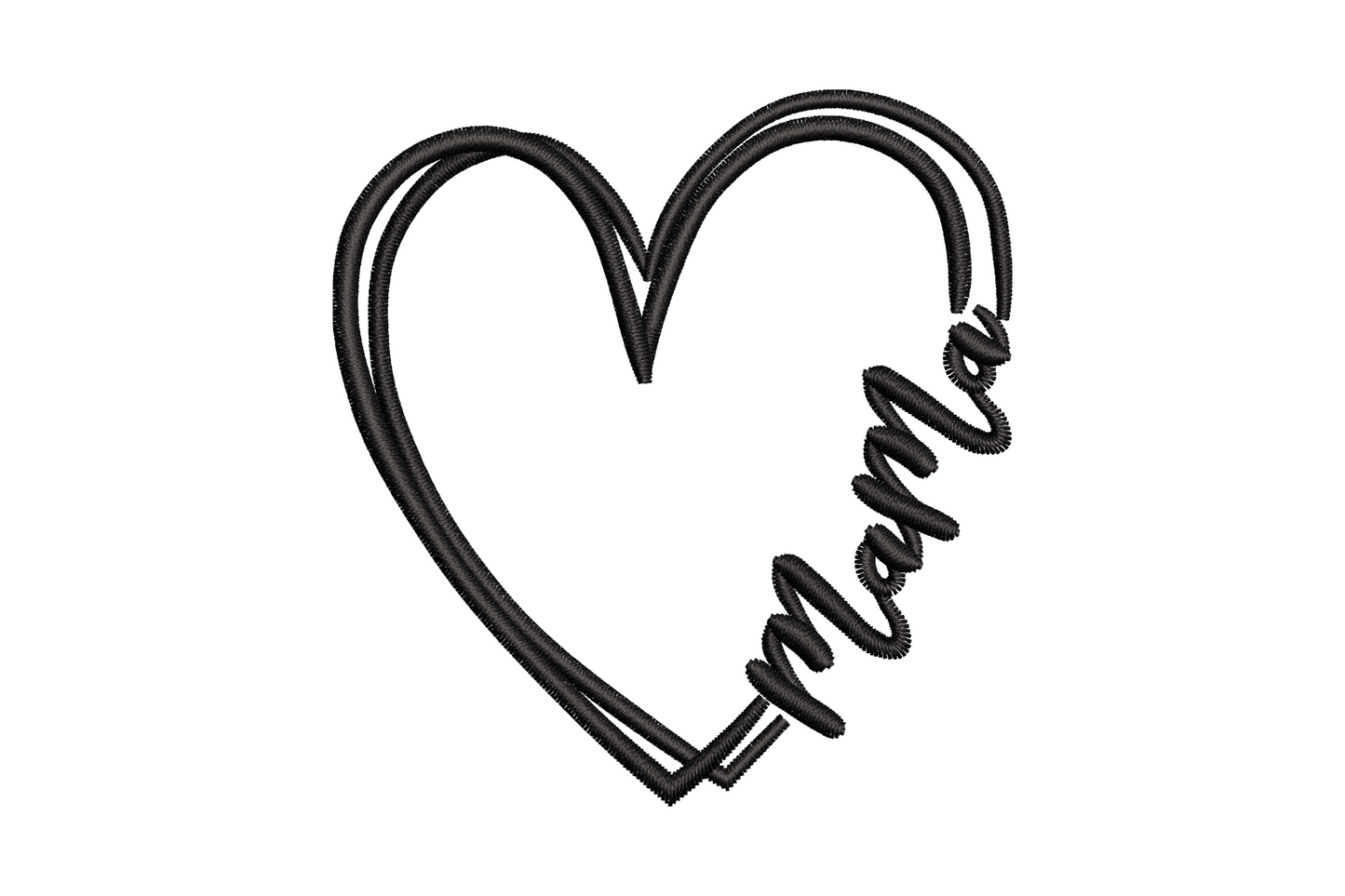 Mama heart outline embroidery design, script text inside clean satin heart, 5 sizes 3.01 to 8.01 inches, single colour