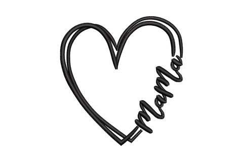 Mama heart outline embroidery design, script text inside clean satin heart, 5 sizes 3.01 to 8.01 inches, single colour