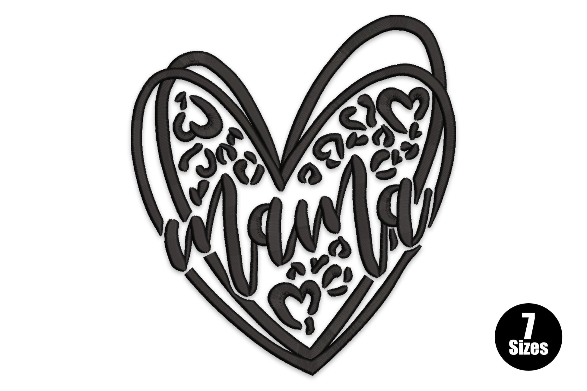 Heart with leopard print spots and bold cursive mama script, double-outline style, black single-colour embroidery.