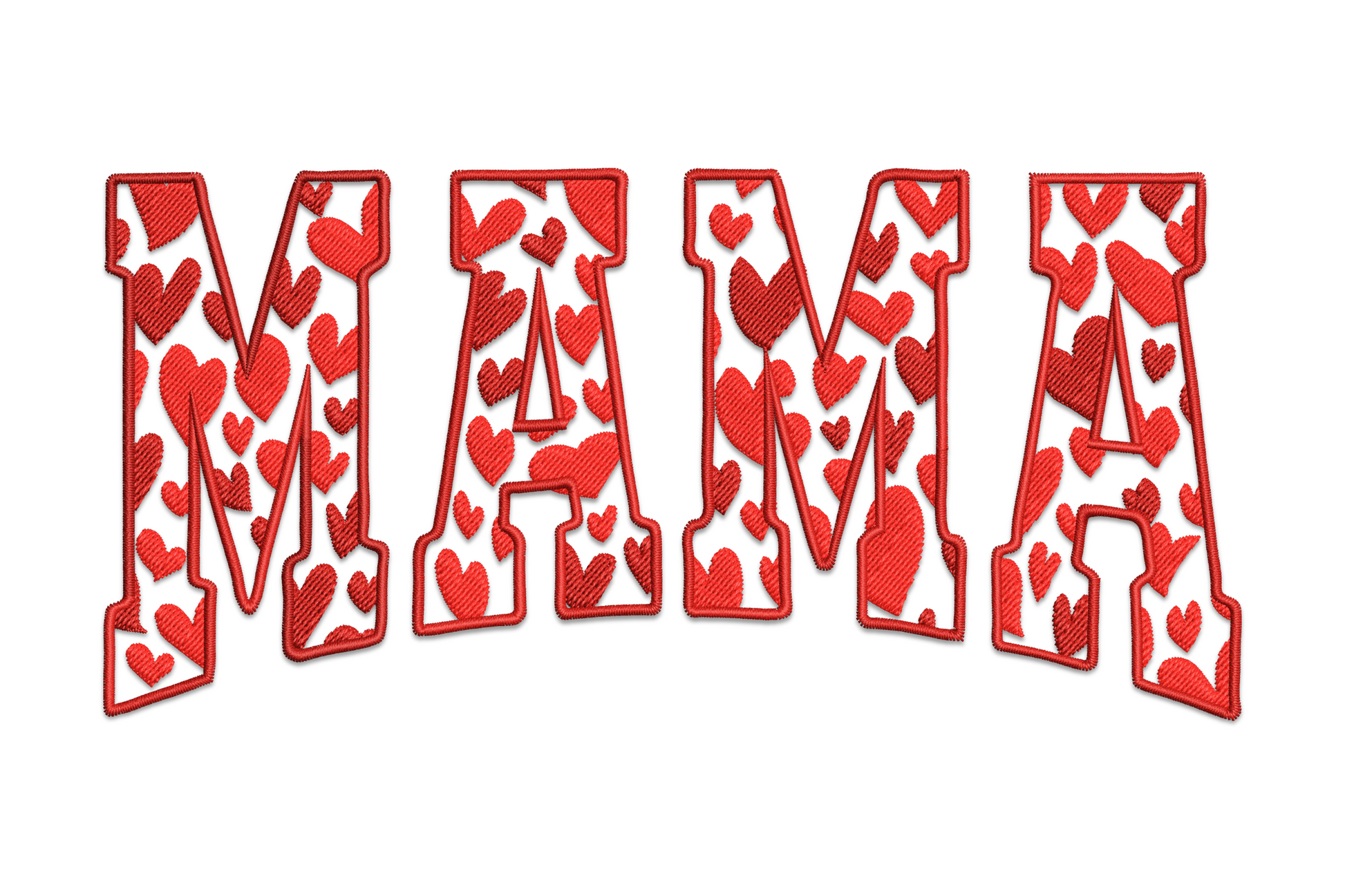 Mama hearts applique embroidery design, chunky MAMA lettering with small hearts inside each letter, 4 colour applique technique