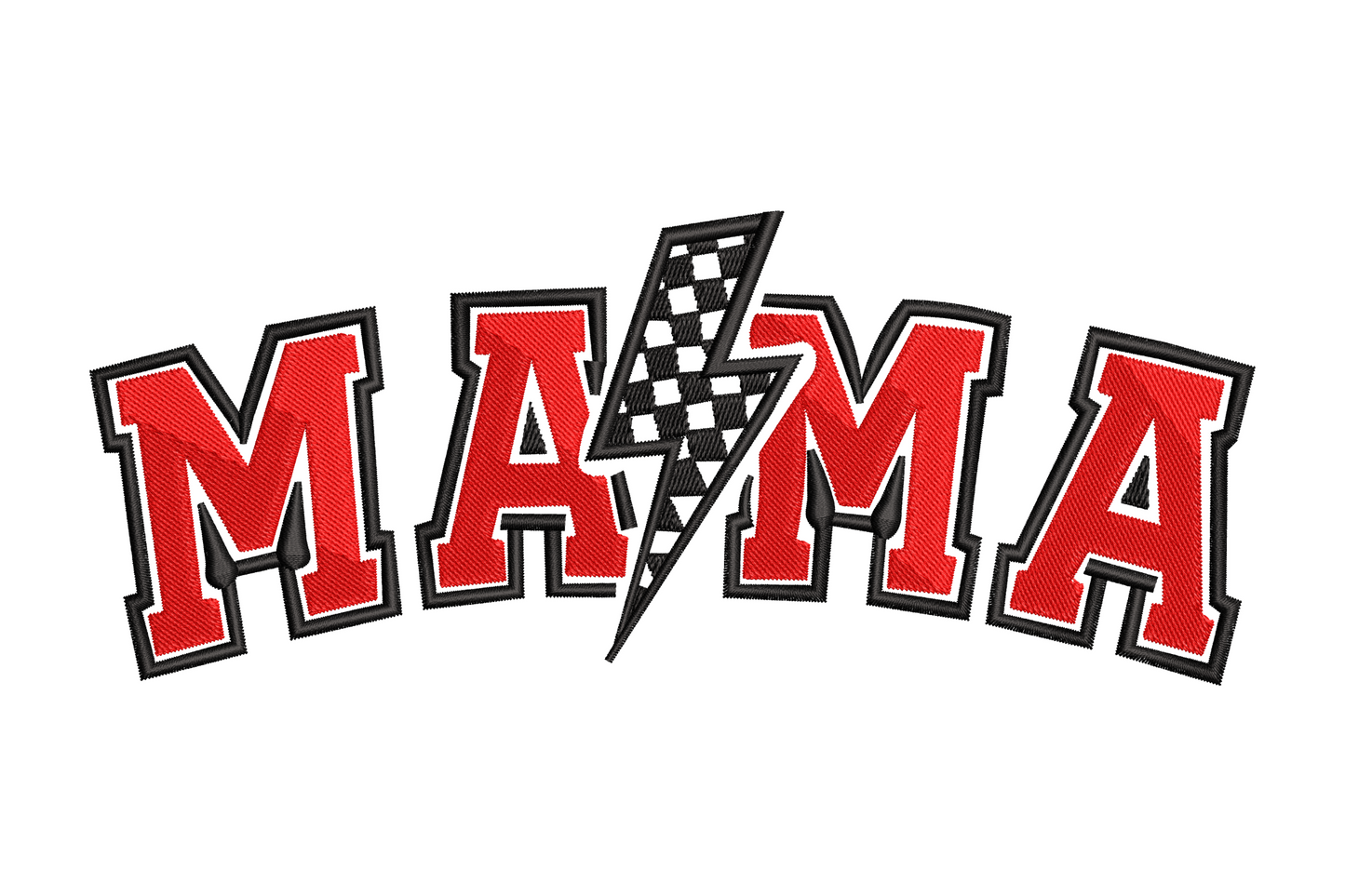 Mama lightning bolt embroidery, bold vertical MAMA text with a graphic lightning bolt in black and white.
