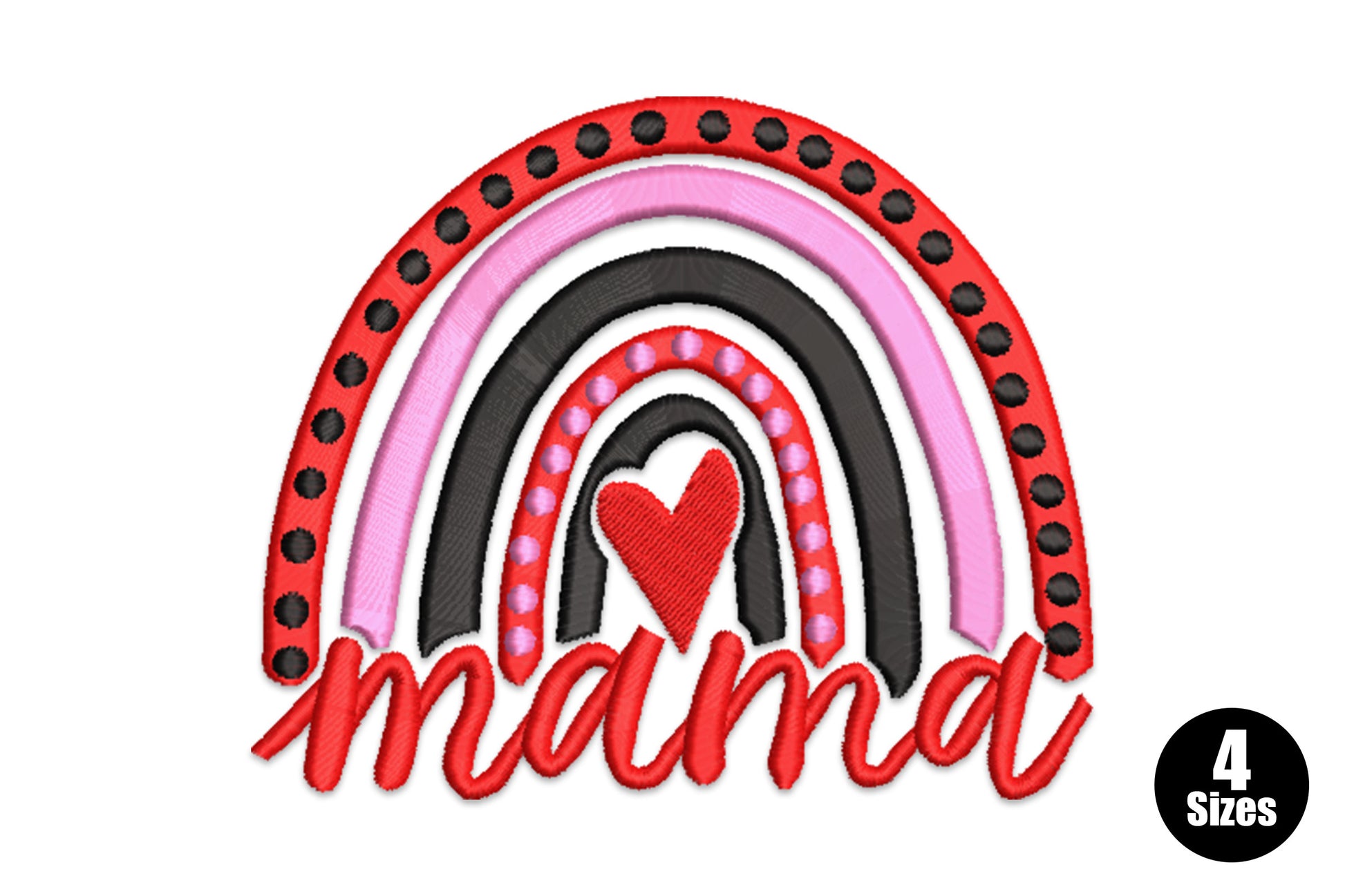 Mama rainbow embroidery design with rounded script lettering and small rainbow arc, 3 colours, 4 sizes from 1.68 to 4.19 inches