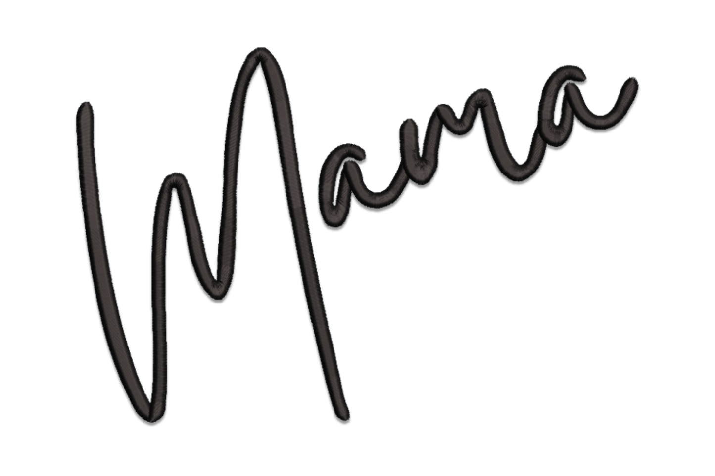 Mama script embroidery design in bold flowing black cursive lettering with dramatic capital M ascender and looping connector strokes.
