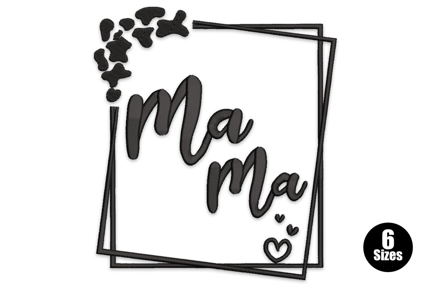 Mama script embroidery inside a double square frame, all black, petal cluster top-left, small heart accent bottom-right.