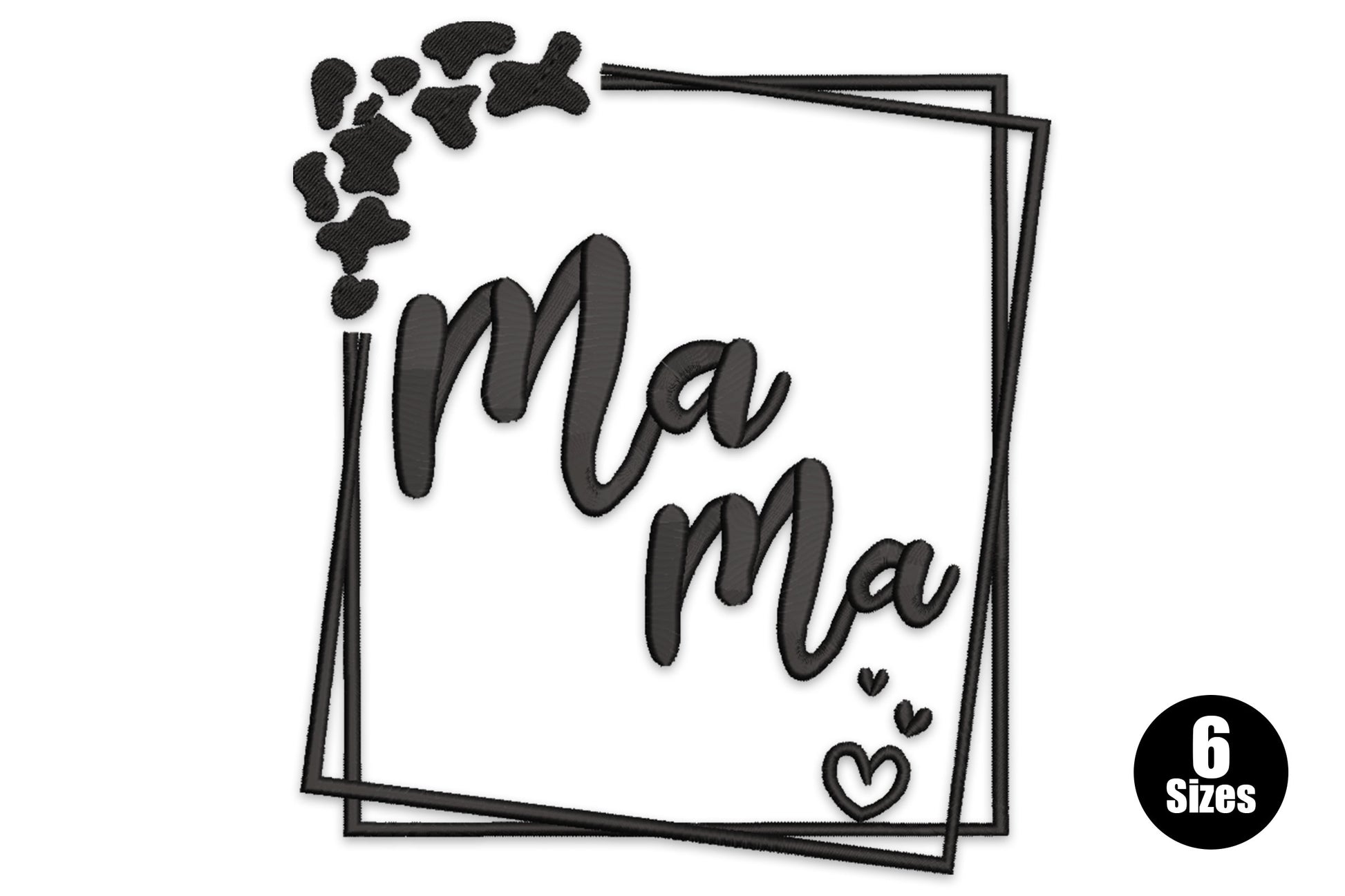 Mama script embroidery inside a double square frame, all black, petal cluster top-left, small heart accent bottom-right.