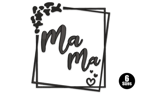 Mama script embroidery inside a double square frame, all black, petal cluster top-left, small heart accent bottom-right.