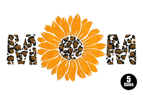 Mama sunflower leopard print embroidery design, MOM lettering where the O is a large sunflower, M letters in black-brown leopard print.