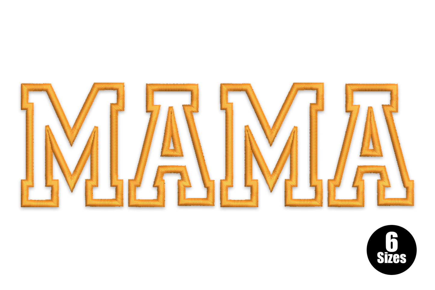 MAMA varsity block letter embroidery design with warm amber orange satin fill and white open centres on collegiate-style lettering.