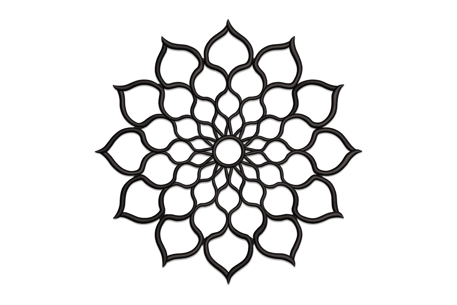 Mandala flower outline embroidery design in single black thread, concentric petal rings with no fill on dark canvas.