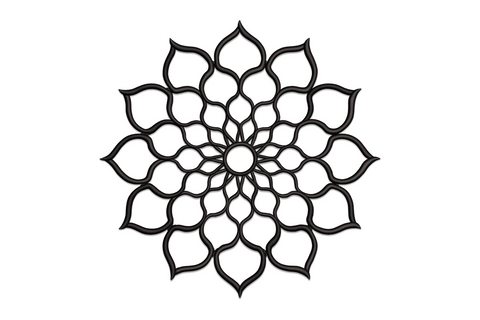 Mandala flower outline embroidery design in single black thread, concentric petal rings with no fill on dark canvas.