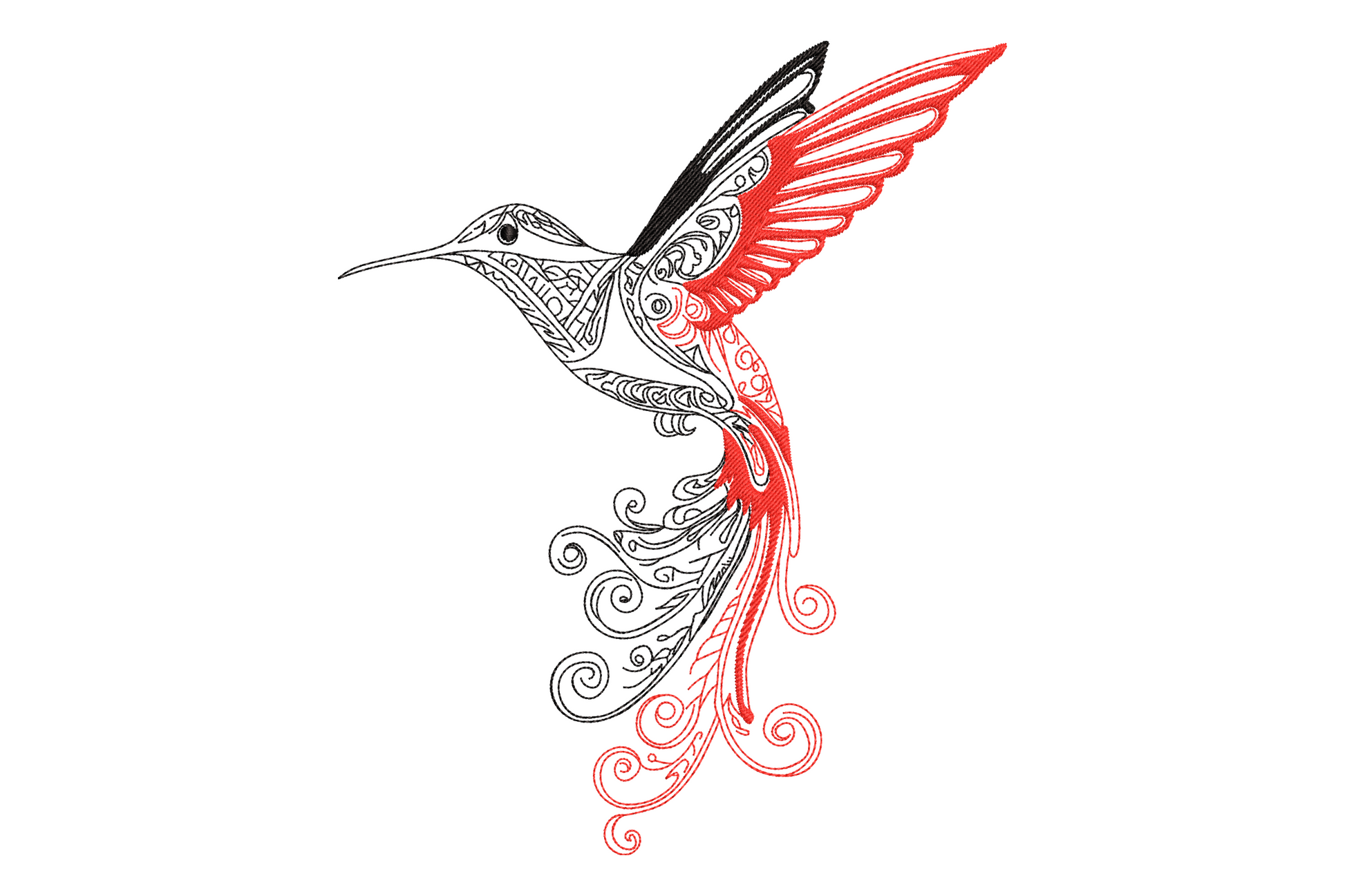 Mandala hummingbird embroidery design with intricate black zentangle body patterns and bold crimson red satin wing fill.