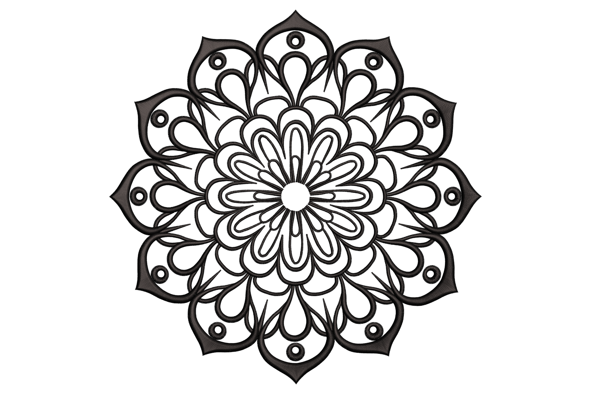 Mandala outline embroidery design, symmetrical blackwork pattern with petals, leaves, and dot accents in radial geometry