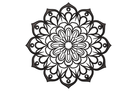 Mandala outline embroidery design, symmetrical blackwork pattern with petals, leaves, and dot accents in radial geometry