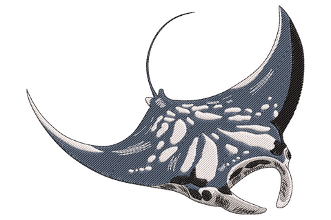Manta ray embroidery design in slate blue and grey, three-quarter view with swept wings, white spot clusters, curled cephalic fins and slim tail.