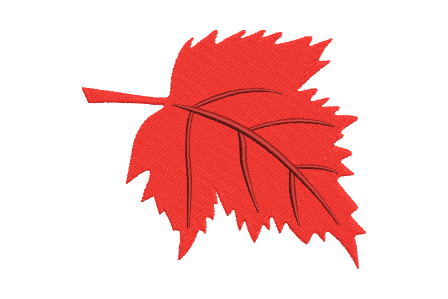 Maple leaf embroidery: bright red tatami fill, serrated multi-lobe silhouette, dark vein stitching from centre spine.
