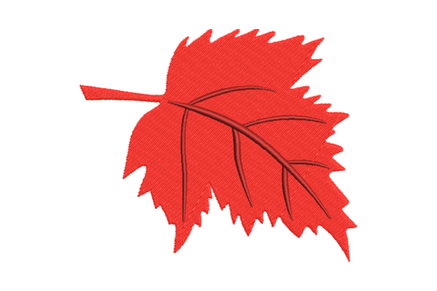 Maple leaf embroidery: bright red tatami fill, serrated multi-lobe silhouette, dark vein stitching from centre spine.