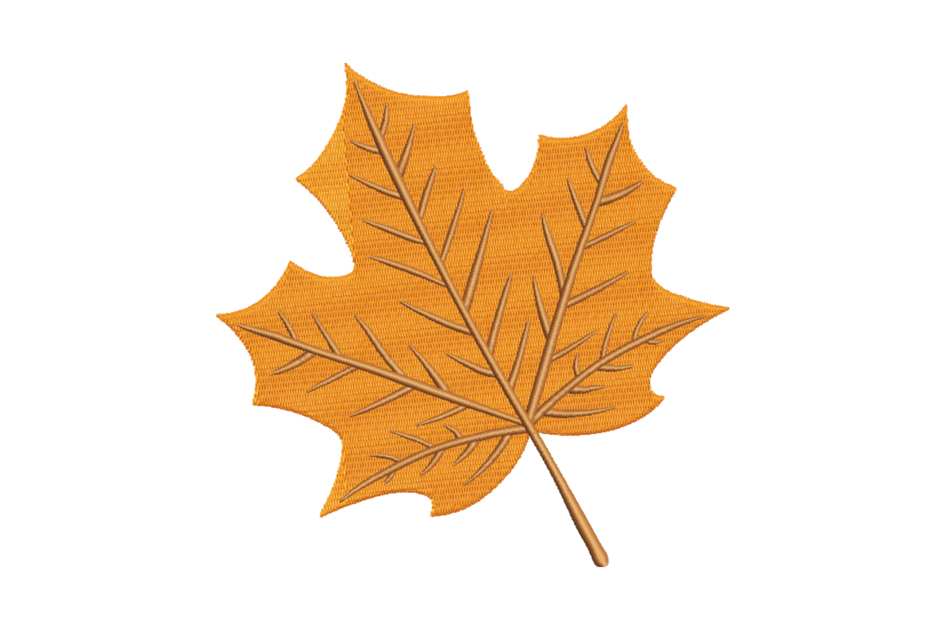 Maple leaf embroidery design with five pointed lobes in warm autumn orange with rust shadow tone, central stem and subtle vein stitching, square composition pointing upward.