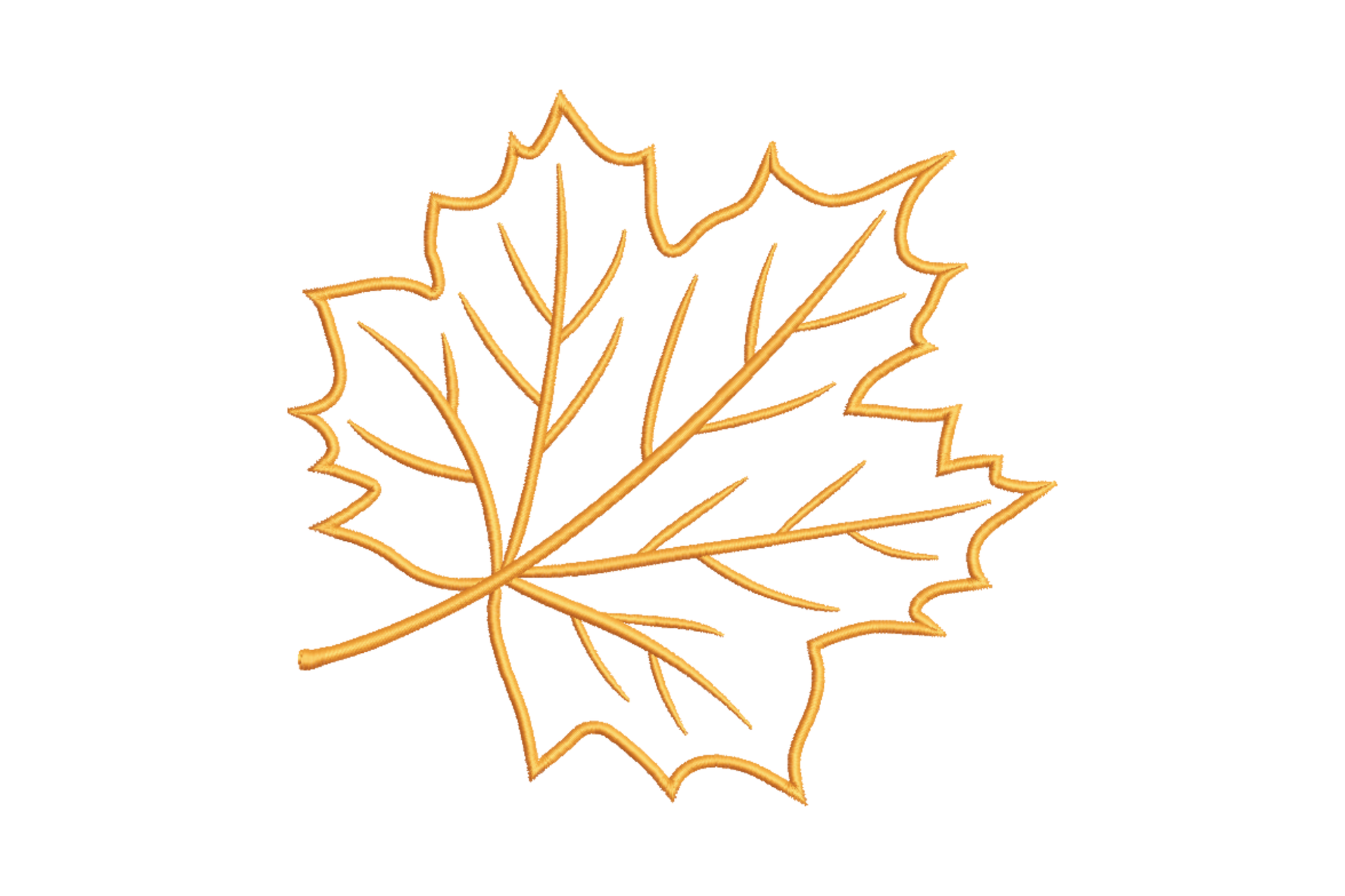 Maple leaf outline embroidery, golden amber thread, single colour with lobed points and vein lines from centre stem.