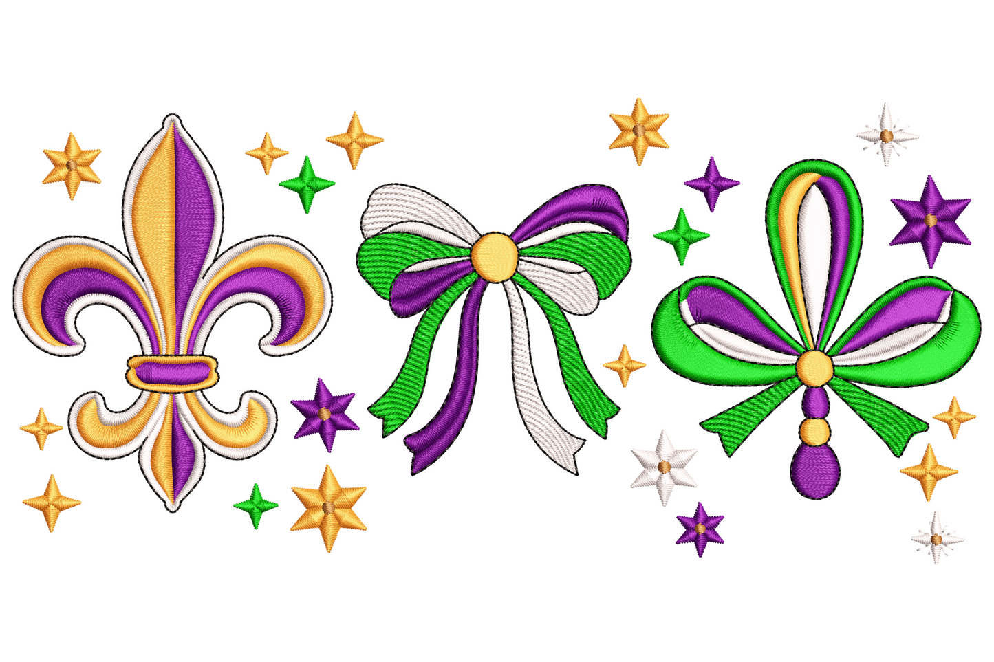 Mardi Gras embroidery design with a fleur-de-lis, a ribbon bow, and a decorative bow knot arranged horizontally in purple, gold, and green, with small star accents scattered between them.