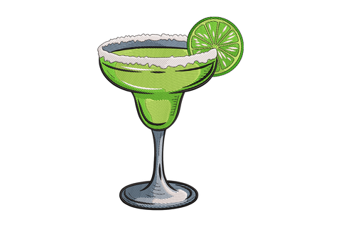 Green margarita with salt rim and lime wedge on a white background