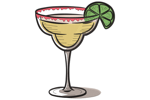 Margarita cocktail glass embroidery with wide bowl, red salt rim, pale yellow drink, halved lime slice and shadow disc at base.