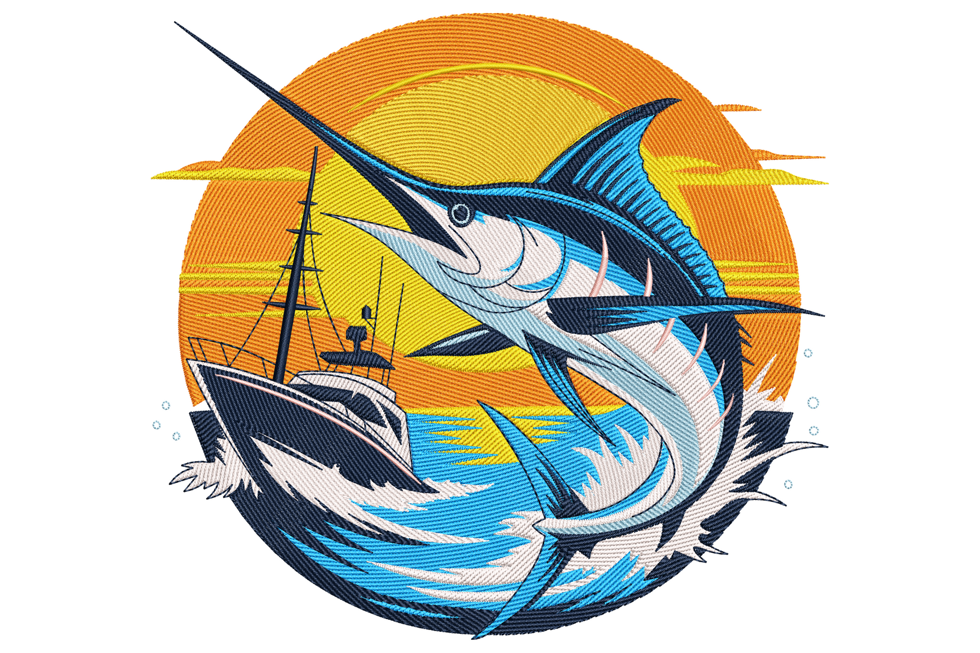 Blue marlin leaping from ocean water with sport fishing boat and orange sunset disk behind, sportfishing patch embroidery