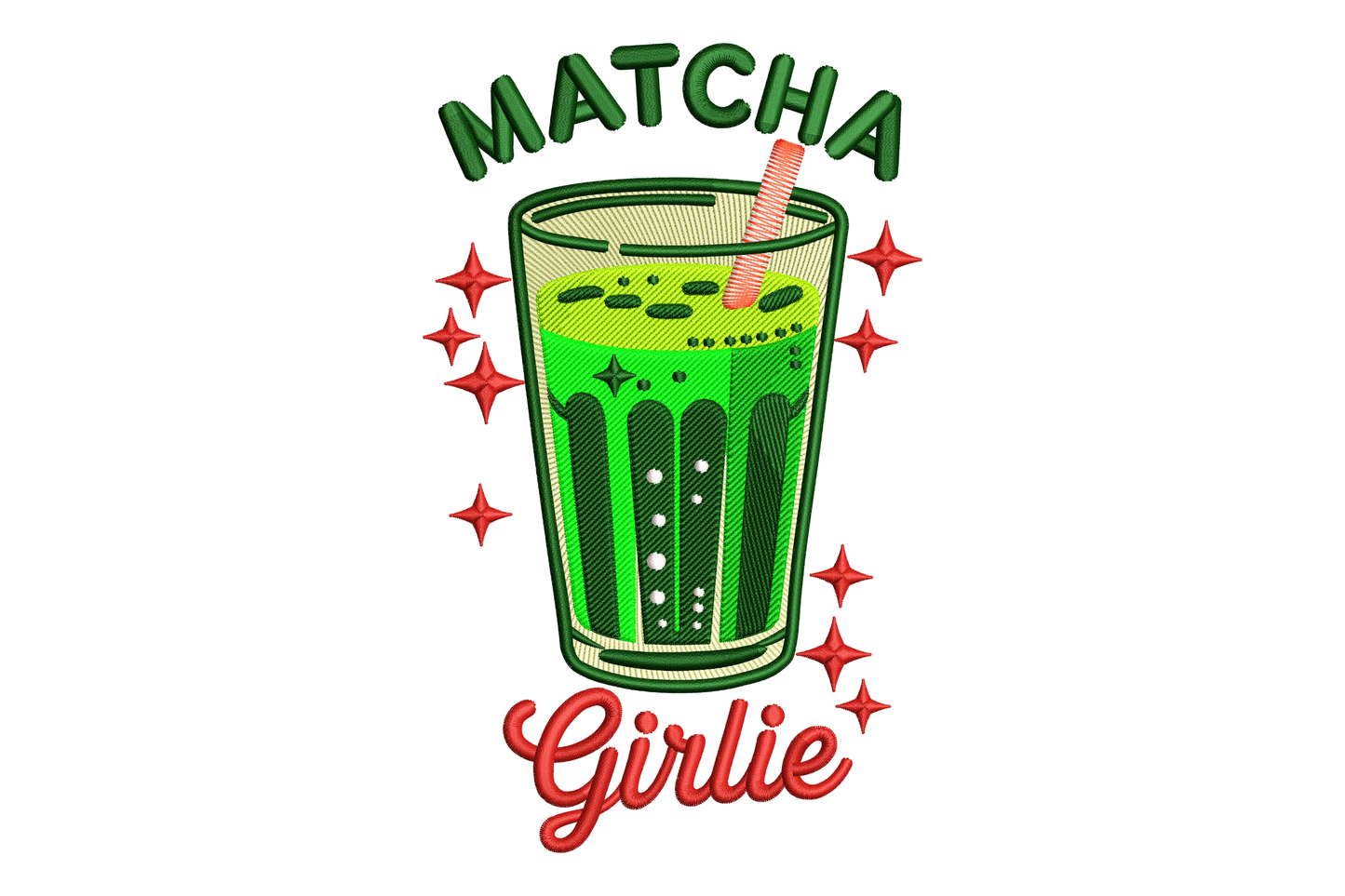 Illustration of a matcha green tea drink with 'Matcha Girlie' text embroidery design
