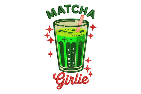 Illustration of a matcha green tea drink with 'Matcha Girlie' text embroidery design