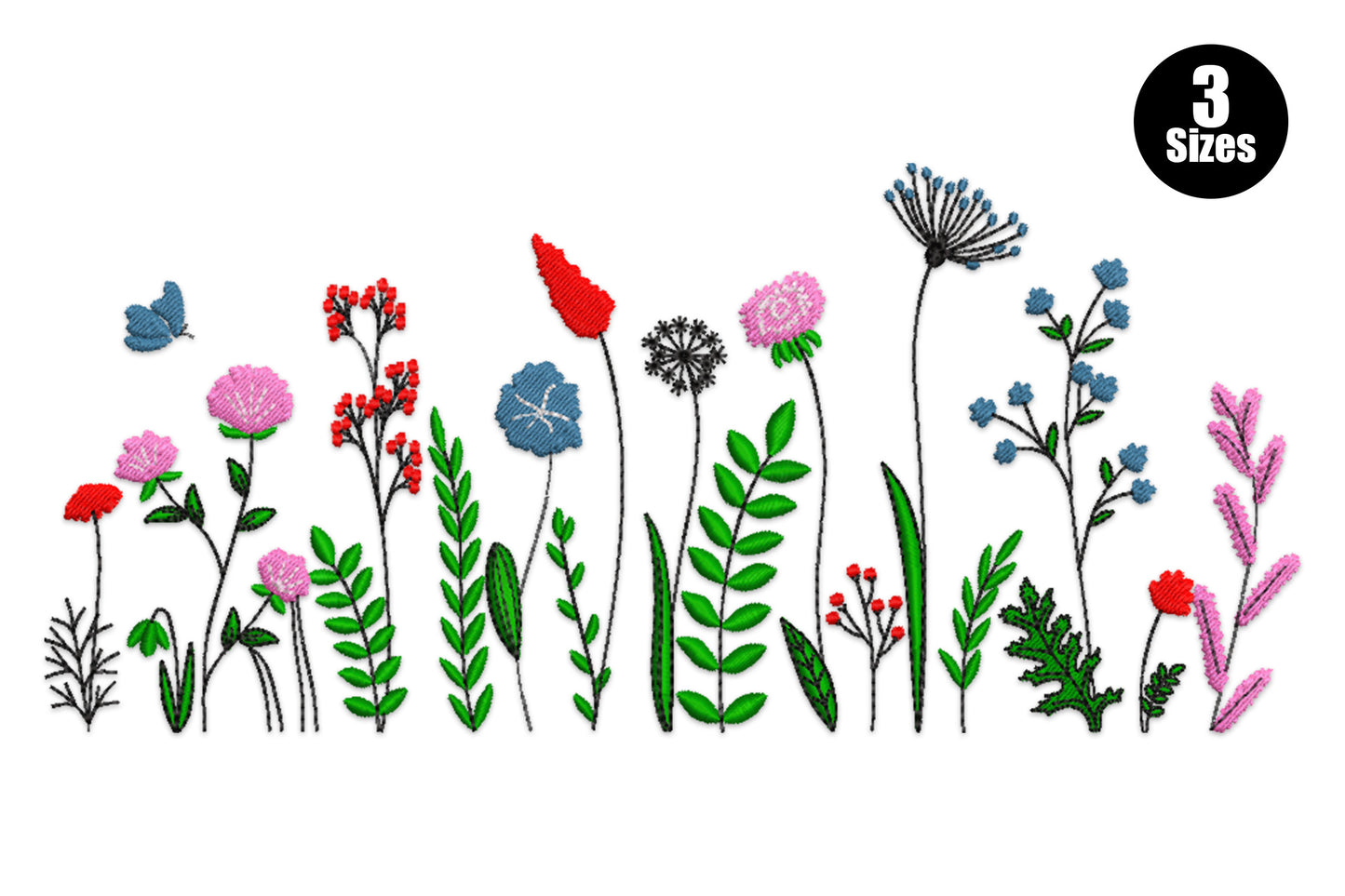 Meadow floral line border embroidery design with wildflowers, dandelion globe, clover blooms, red berries, slate blue botanicals and a small butterfly
