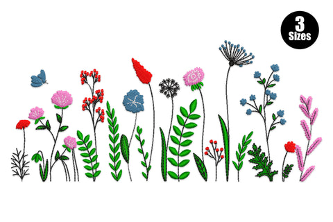 Meadow floral line border embroidery design with wildflowers, dandelion globe, clover blooms, red berries, slate blue botanicals and a small butterfly