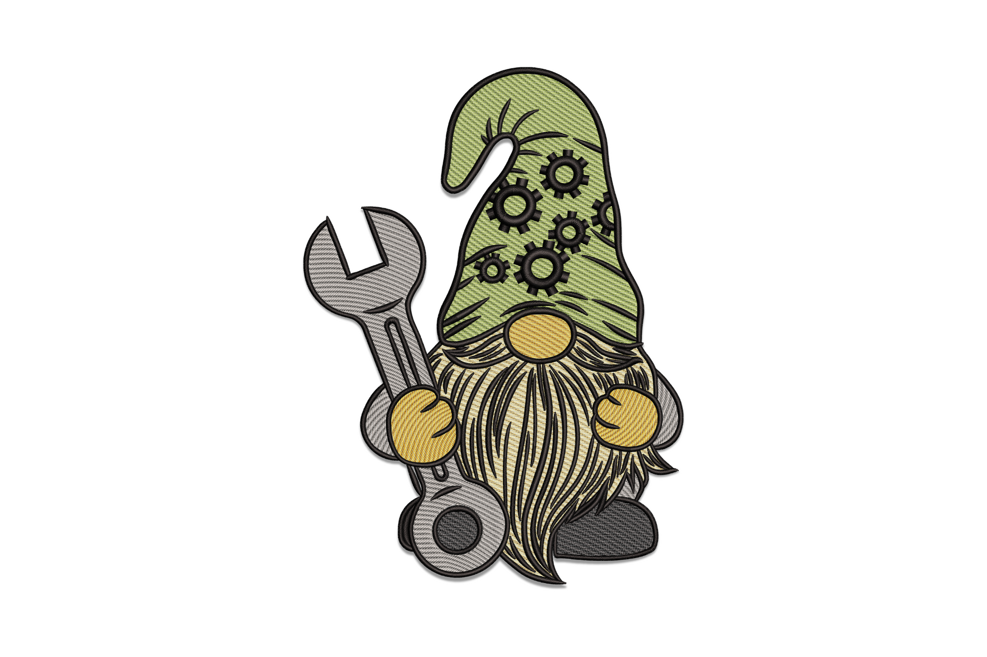 Mechanic gnome with olive green gear-cog hat, long cream beard, golden fists and a large grey open-end wrench.