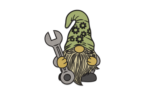 Mechanic gnome with olive green gear-cog hat, long cream beard, golden fists and a large grey open-end wrench.
