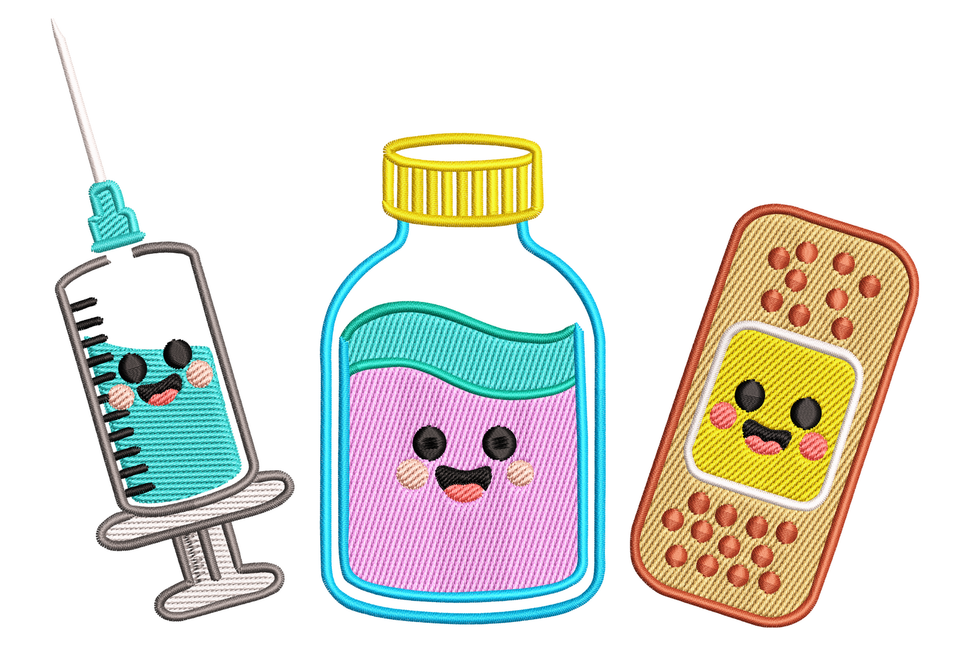 Medical kawaii embroidery design with smiling teal syringe pink medicine bottle and peach bandage in cute cartoon style.