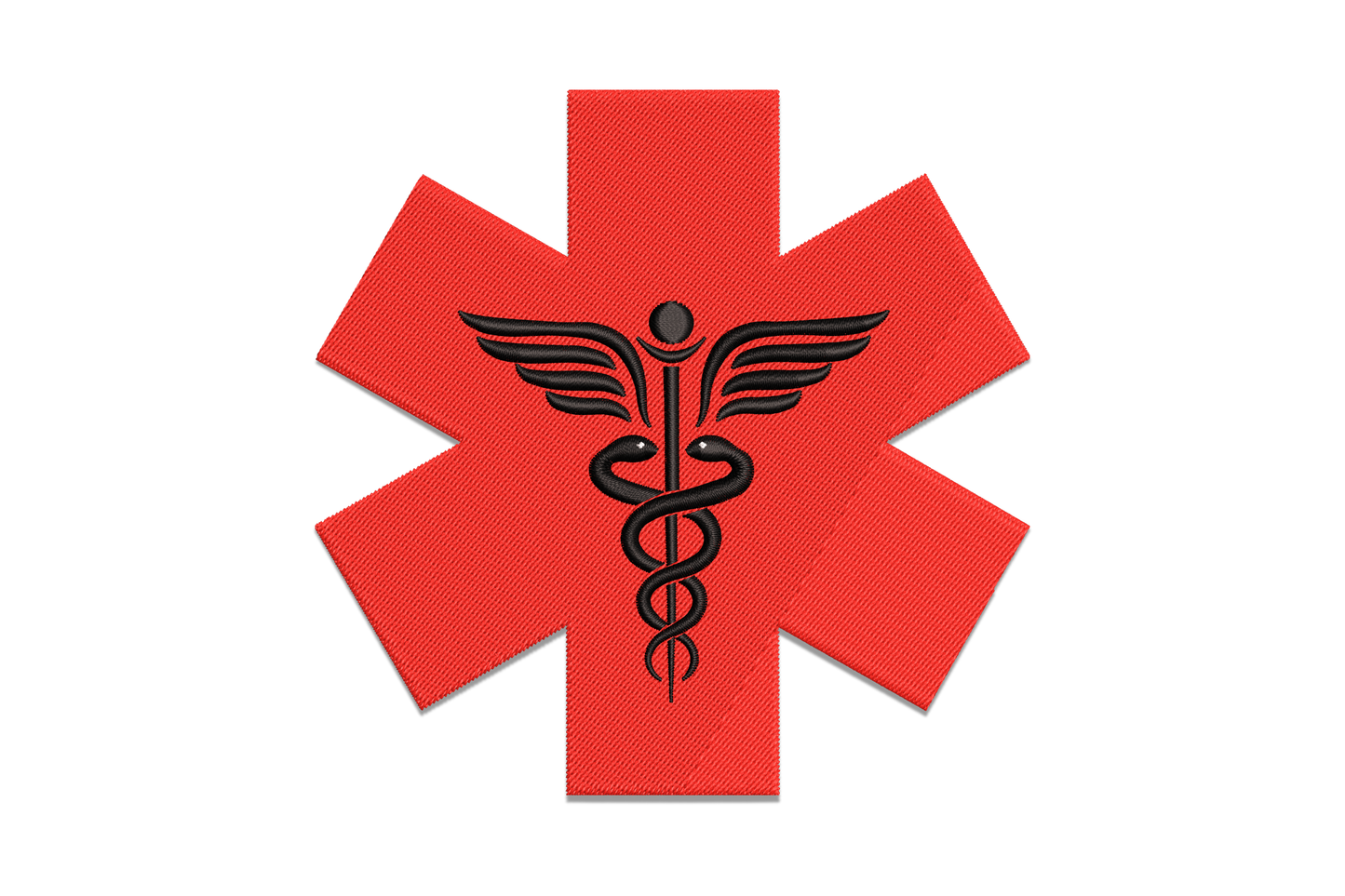 Medical Star of Life embroidery design in red with black caduceus symbol, two snakes and wings, on white fabric background