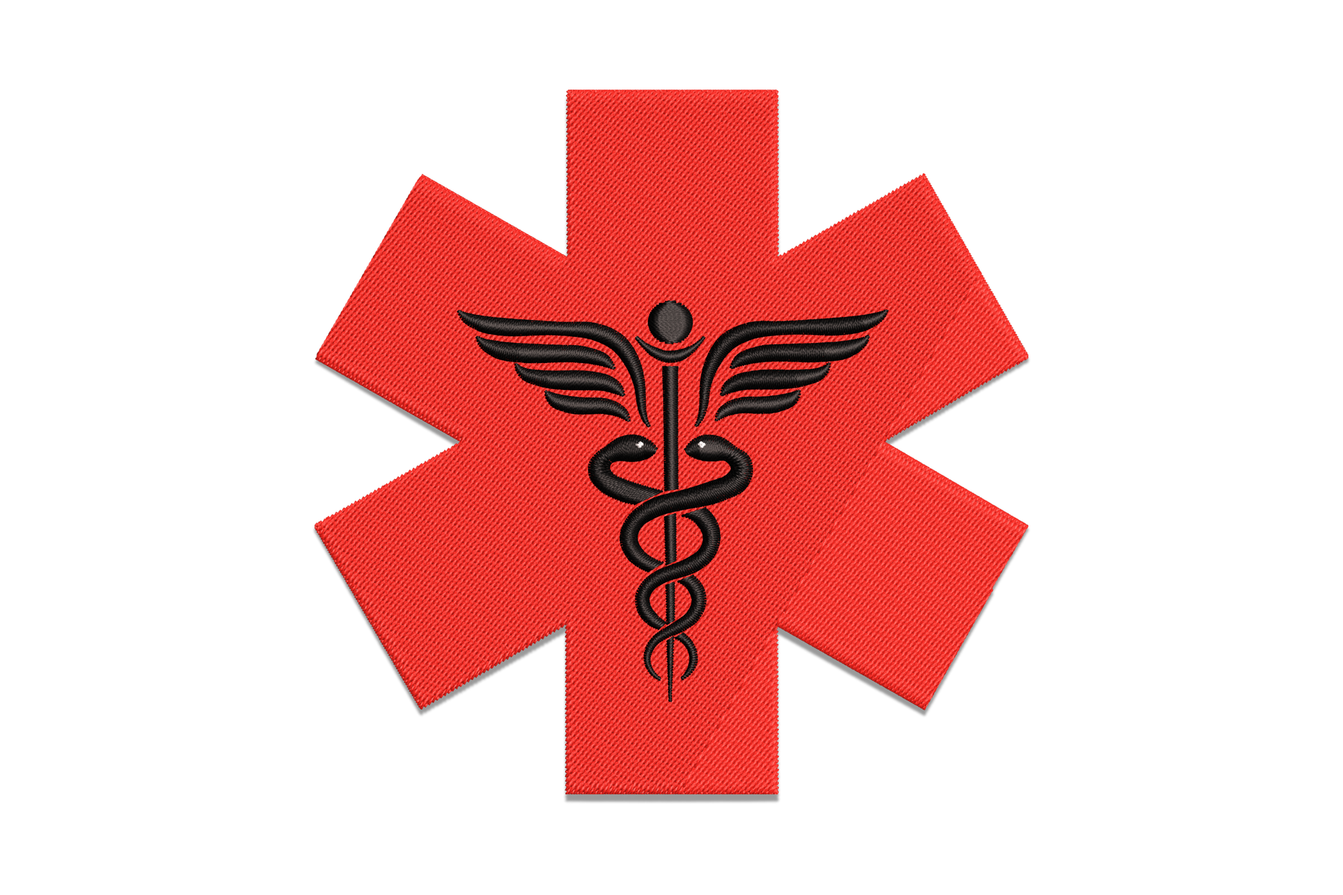 Medical Star of Life embroidery design in red with black caduceus symbol, two snakes and wings, on white fabric background