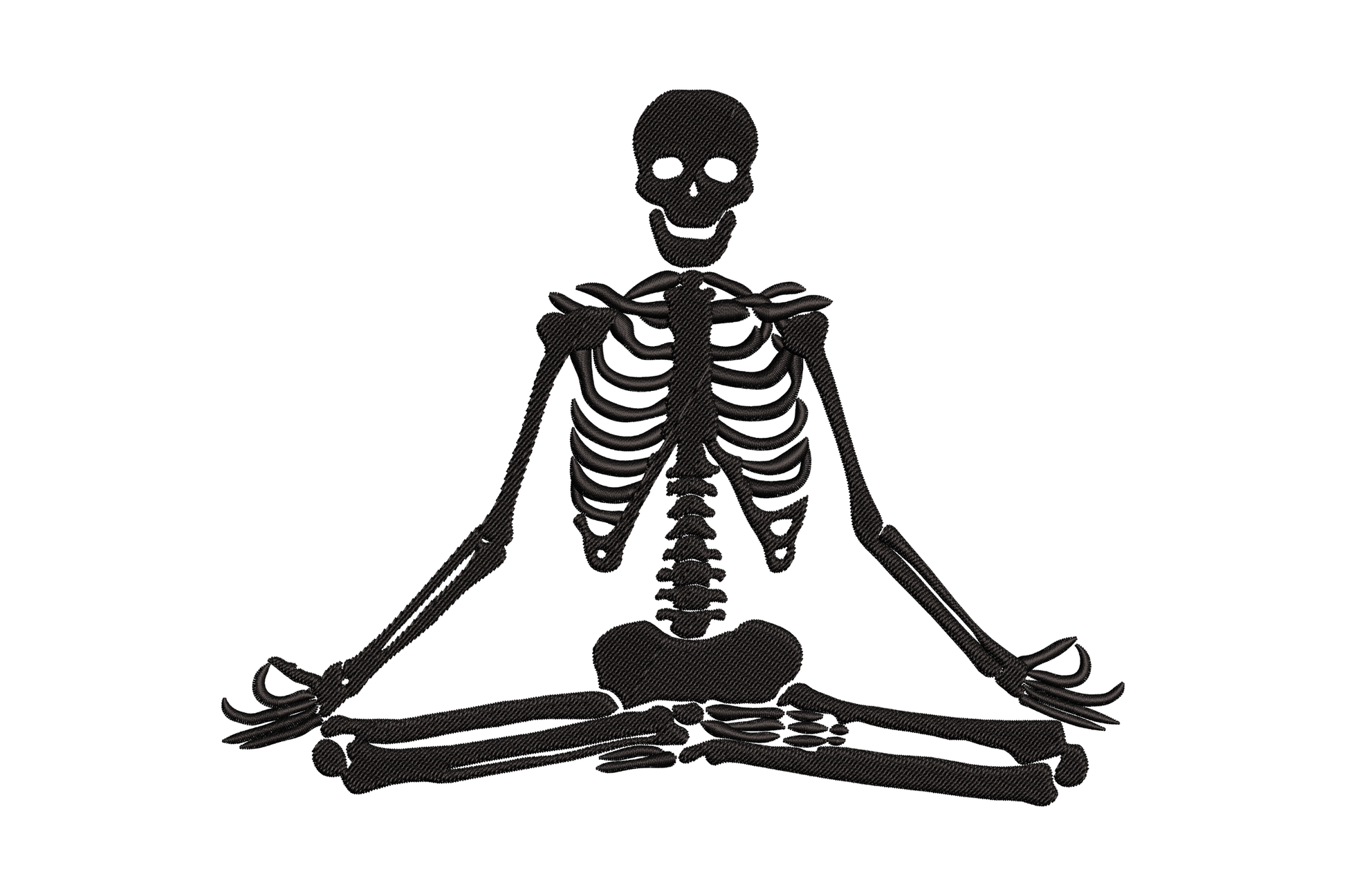 Meditating skeleton embroidery design, full skeleton in lotus pose single-colour bone white thread on charcoal oat tee