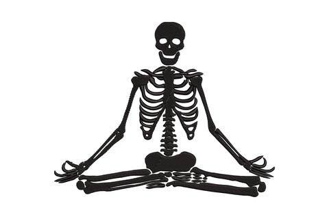 Meditating skeleton embroidery design, full skeleton in lotus pose single-colour bone white thread on charcoal oat tee