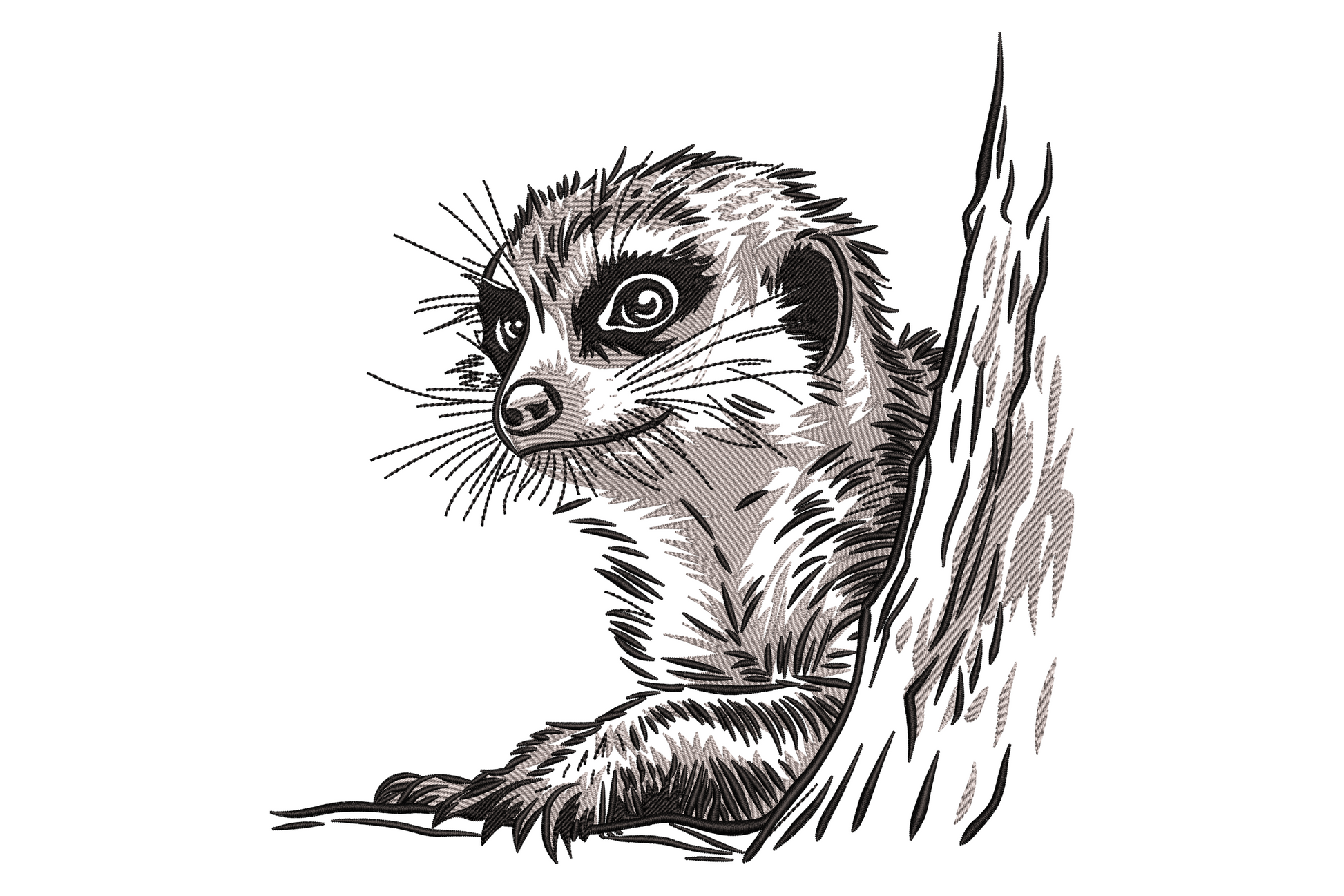 Meerkat embroidery design in black and white engraving style, alert meerkat leaning against tree bark with fine directional fur stitching.