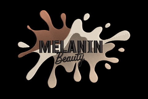 Melanin Beauty ink-splash embroidery with layered terracotta and sand skin-tone splats and bold black MELANIN block caps with Beauty script.