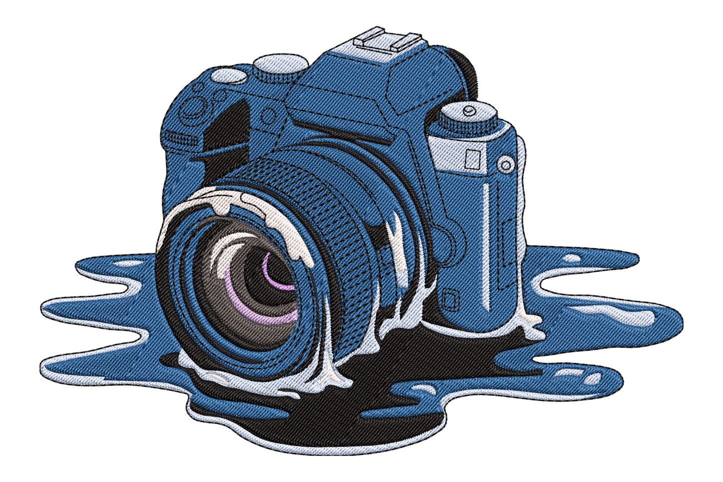 Surreal melting DSLR camera embroidery design in cobalt blue with navy drip puddle, intact lens facing forward, white lens glass and charcoal detail.