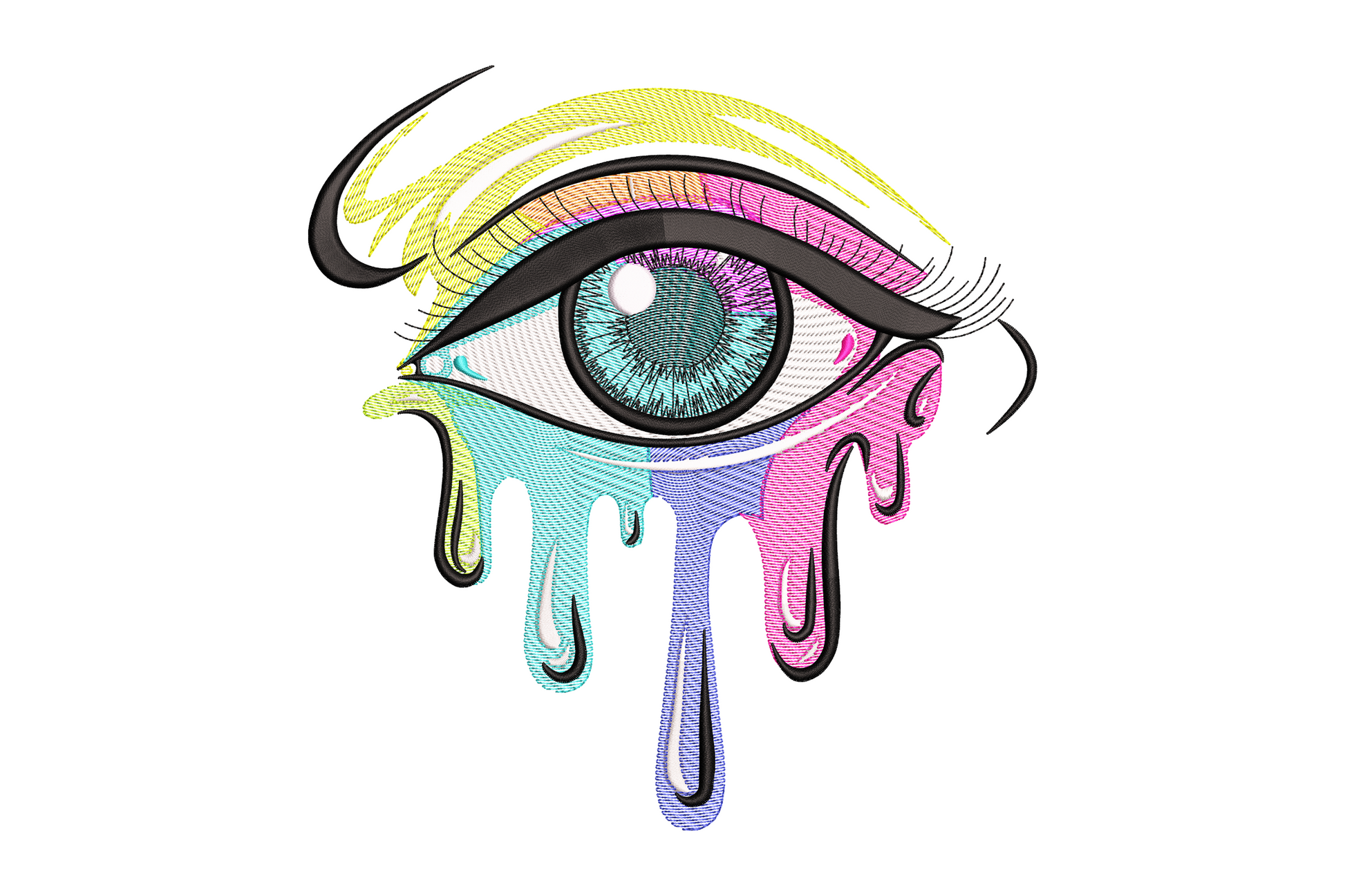 Melting eye embroidery design, surreal dripping eye with detailed iris and vertical drips below, 10 colours, 5 sizes