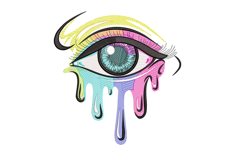 Melting eye embroidery design, surreal dripping eye with detailed iris and vertical drips below, 10 colours, 5 sizes