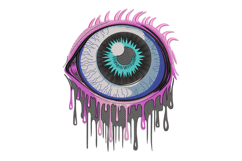 Surreal melting eye machine embroidery design with dripping iris in teal and violet, seven colours, graphic art style on white background.