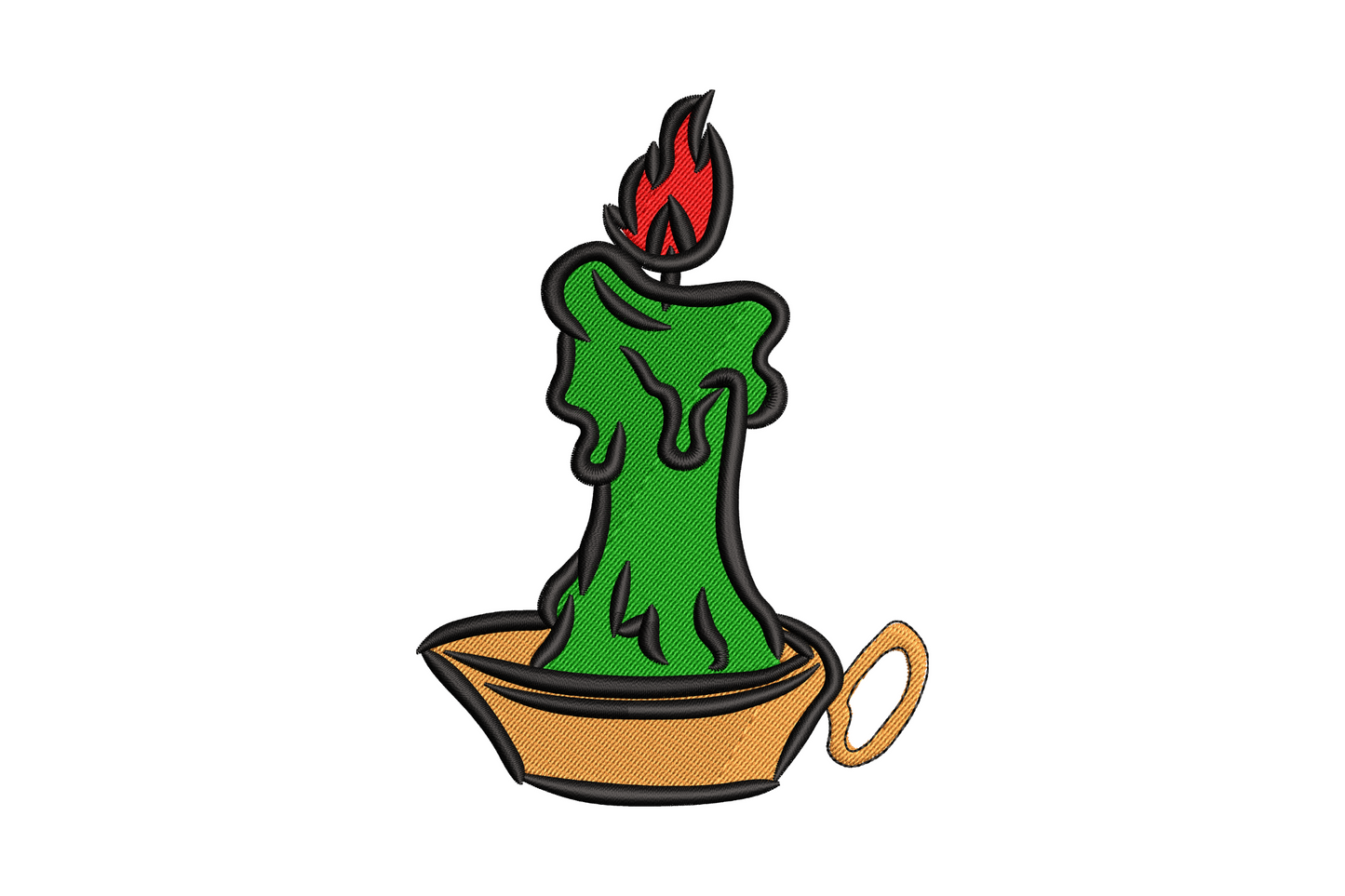 Melting green candle embroidery design with red orange flame in amber holder, wax drips, 4 sizes, Wilcom digitised