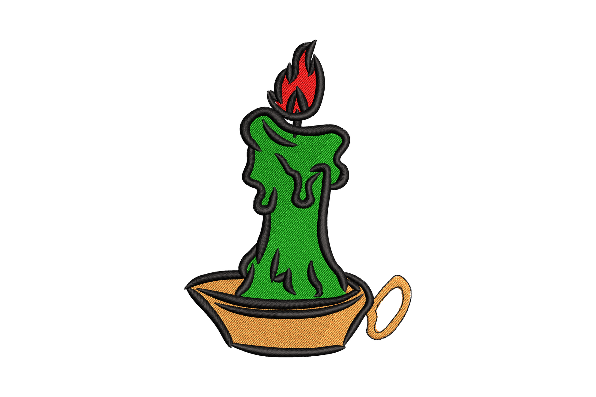 Melting green candle embroidery design with red orange flame in amber holder, wax drips, 4 sizes, Wilcom digitised