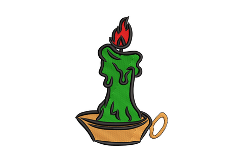 Melting green candle embroidery design with red orange flame in amber holder, wax drips, 4 sizes, Wilcom digitised