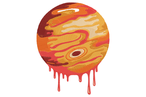 Melting planet embroidery design, gas giant with swirling orange and rust bands, dark eye vortex and coral drips hanging from the base.