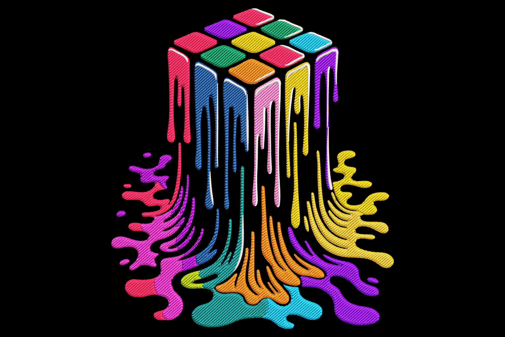 Melting Rubik's cube embroidery design with neon pink, yellow and cyan drips pooling into a colourful puddle on black.