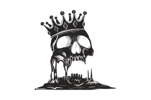 Melting skull with king crown embroidery design, heavy woodcut hatching style, black and white, skull dripping into a puddle