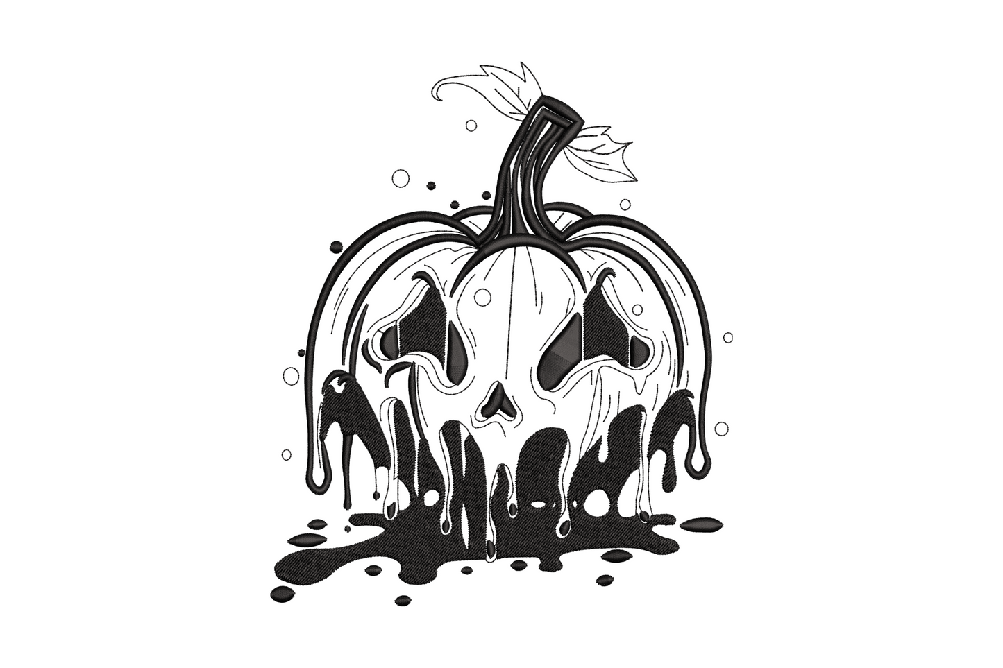 Machine embroidery design of a melting halloween pumpkin with skull face and black ink drips, single colour blackwork, 6 sizes
